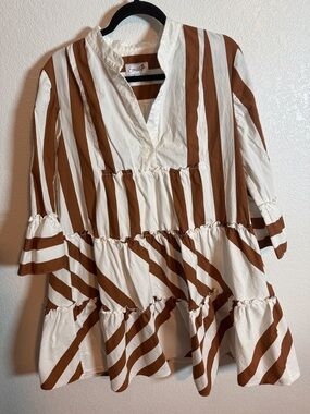 Everlily Brown & White Stripe Tiered Cotton Mini Dress Size Large
